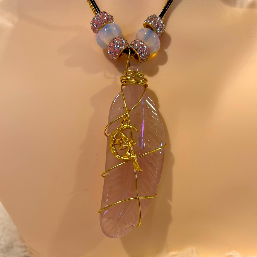 Rose Quartz Crystal Feather Wirewrapped Handcrafted with Fairy Charm and Beads